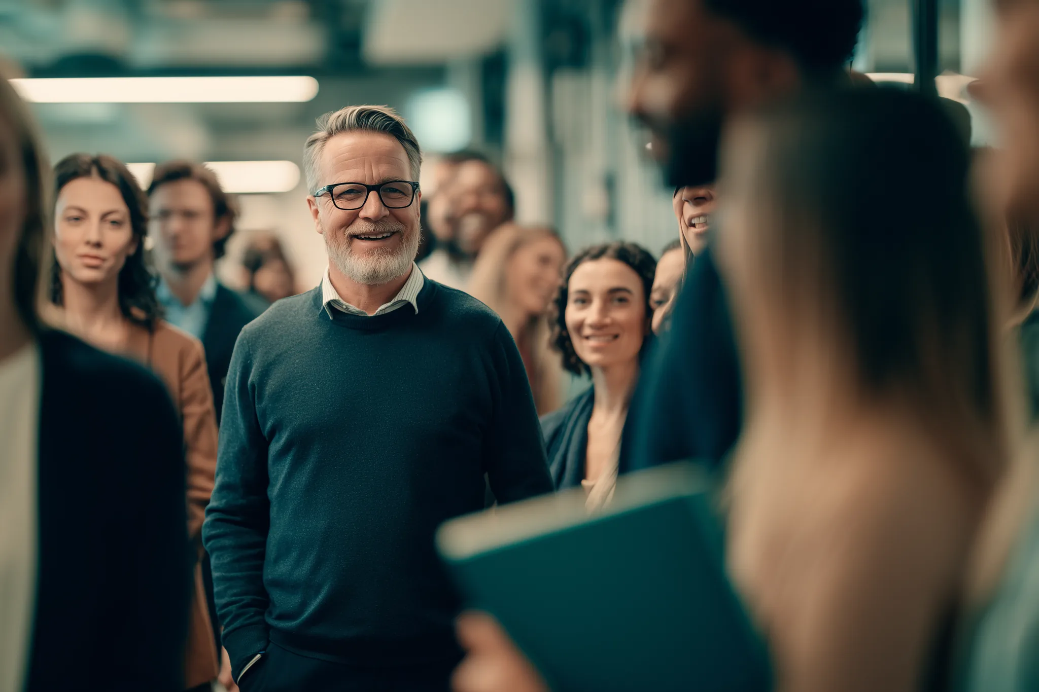 Une équipe réunie debout dans l'open space pour un point rapide en début de journée
